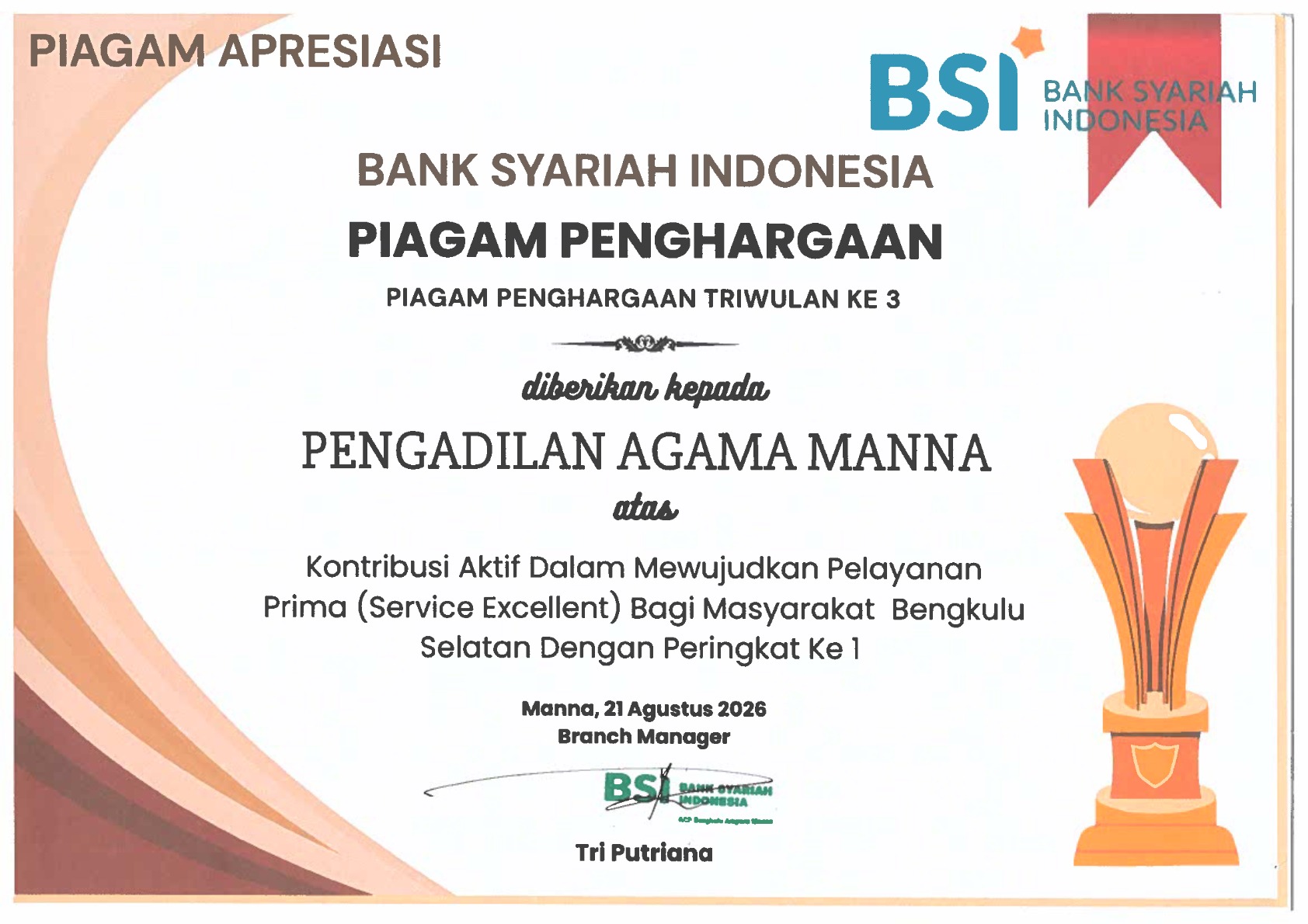 piagam dari BSI bidang kontribusi 1