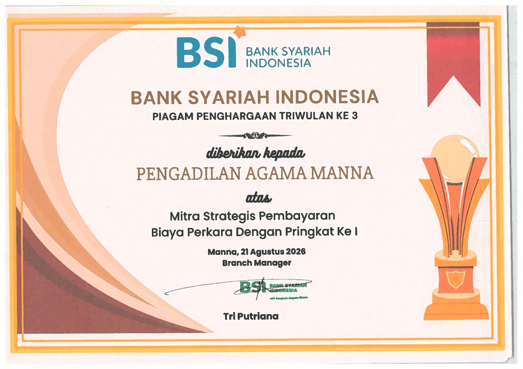 piagam dari BSI bidang mitra strategis 1