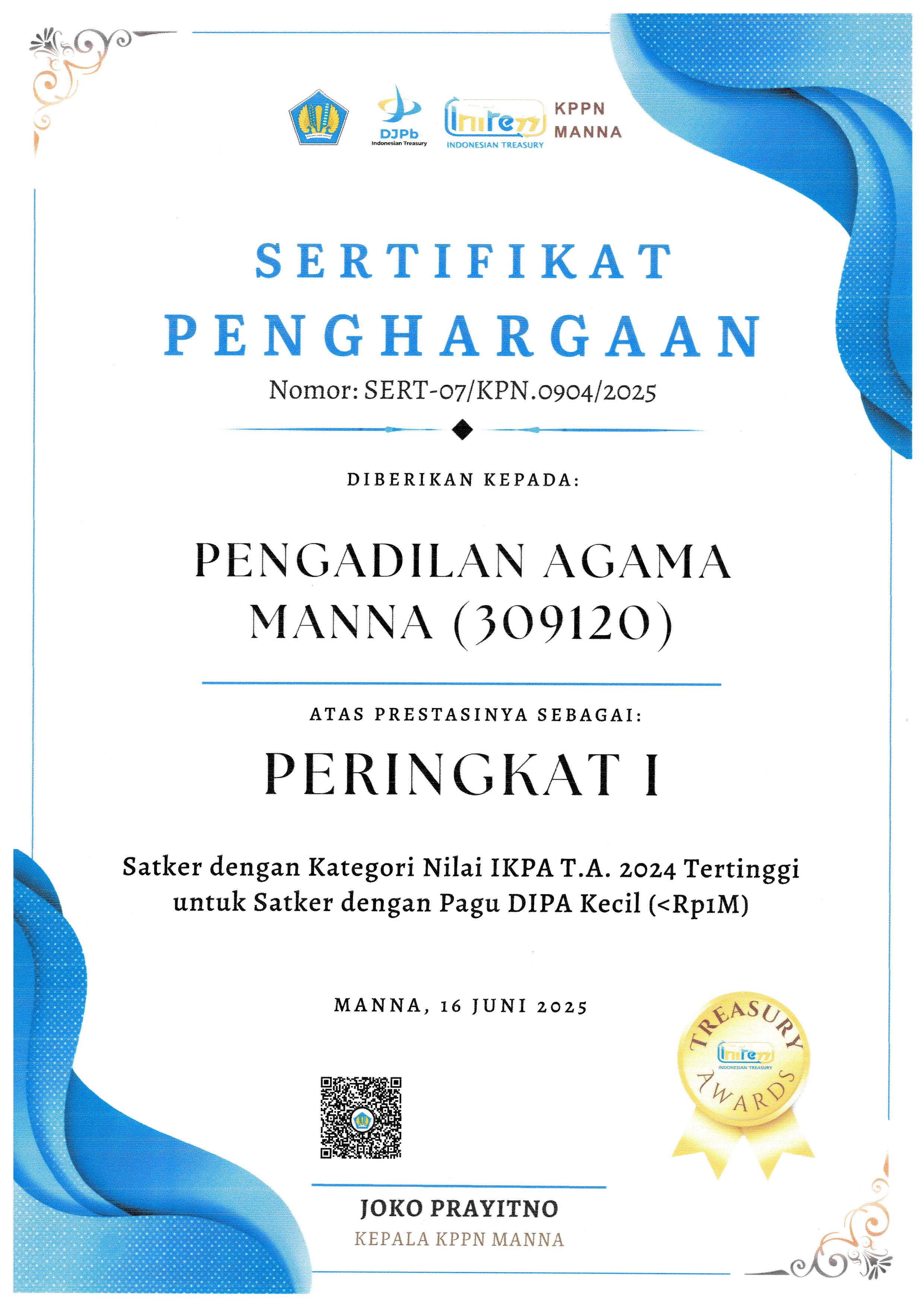 Sertifikat Penghargaan PA Manna 1