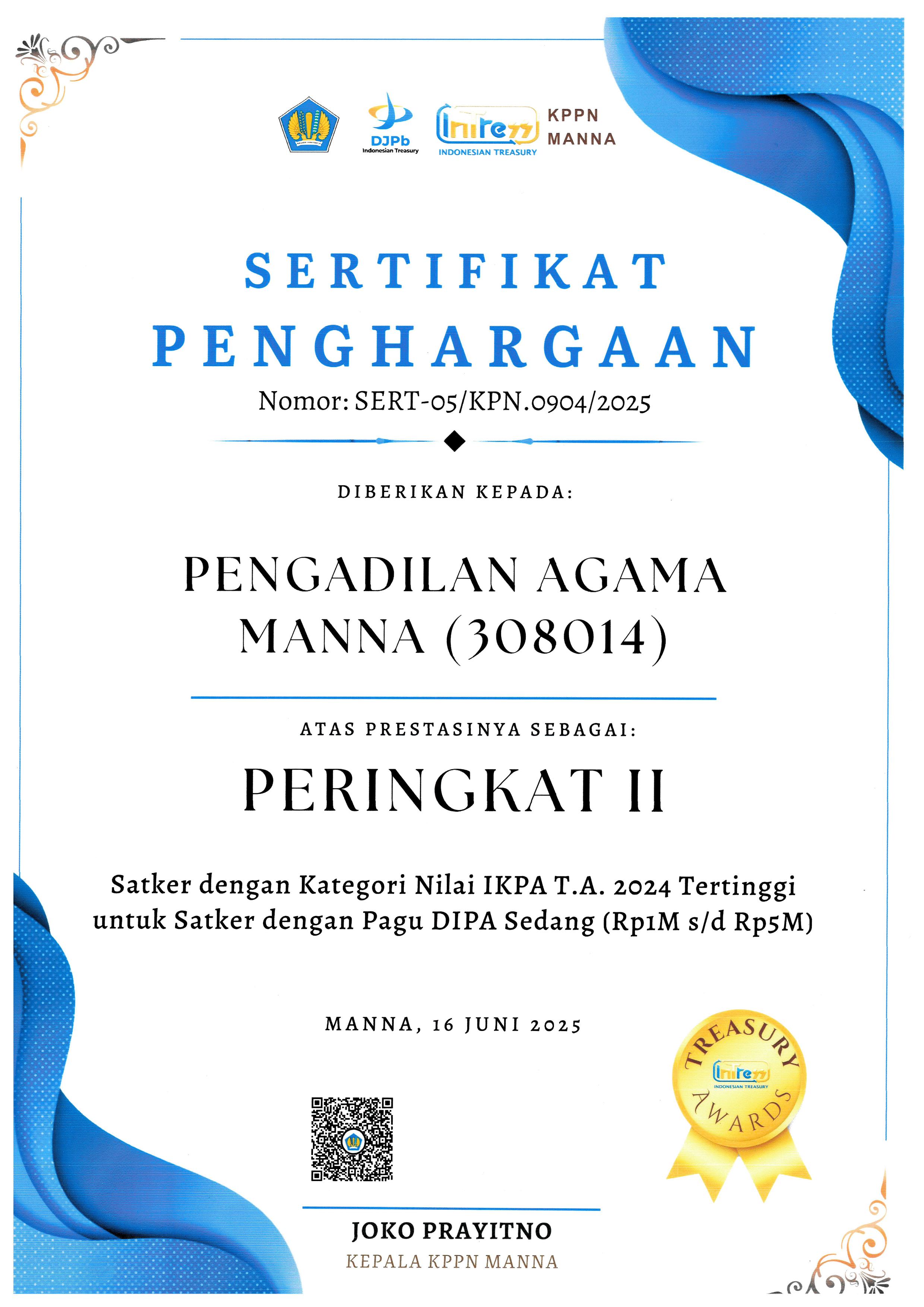 Sertifikat Penghargaan PA Manna 2
