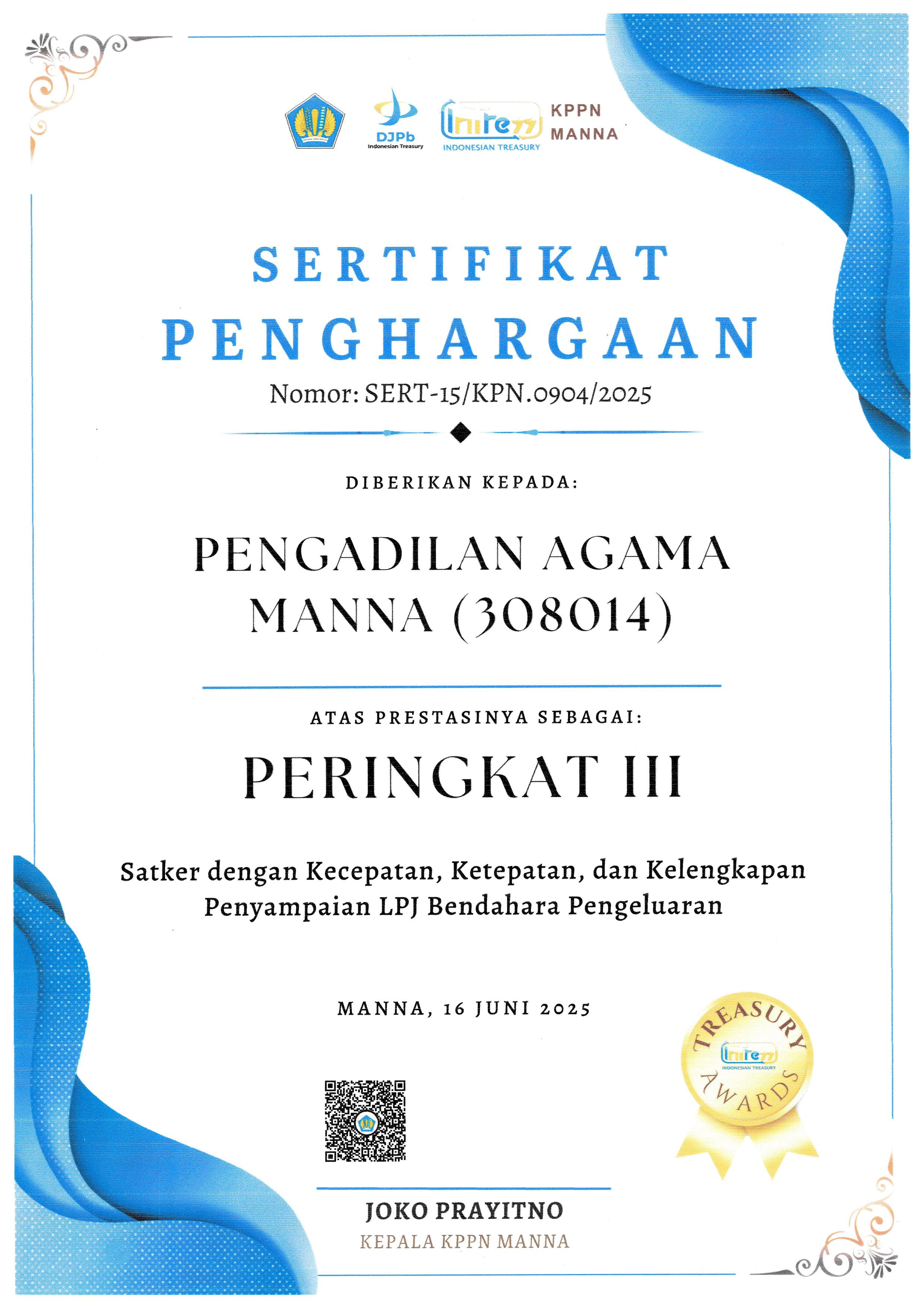Sertifikat Penghargaan PA Manna 3
