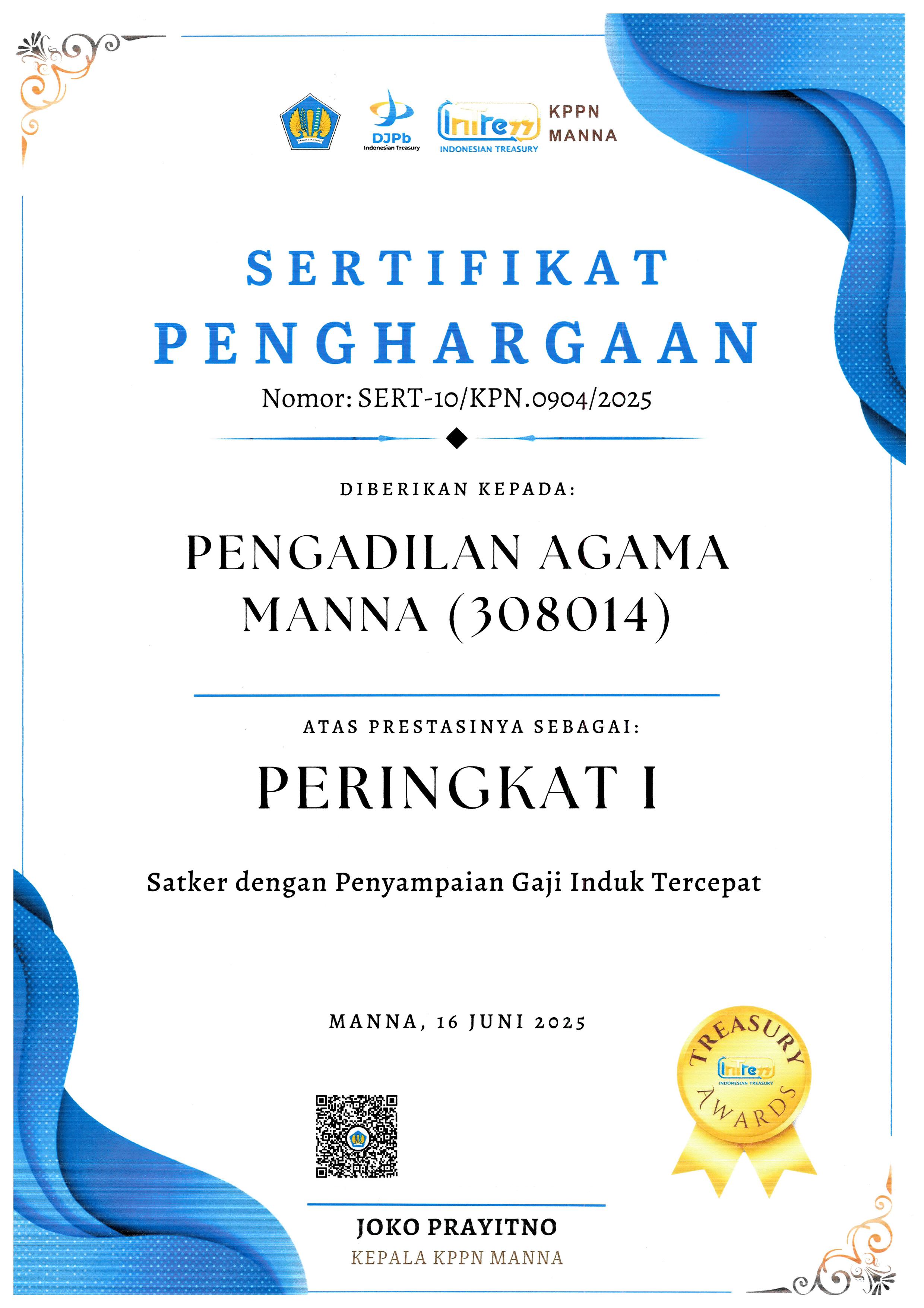 Sertifikat Penghargaan PA Manna 4
