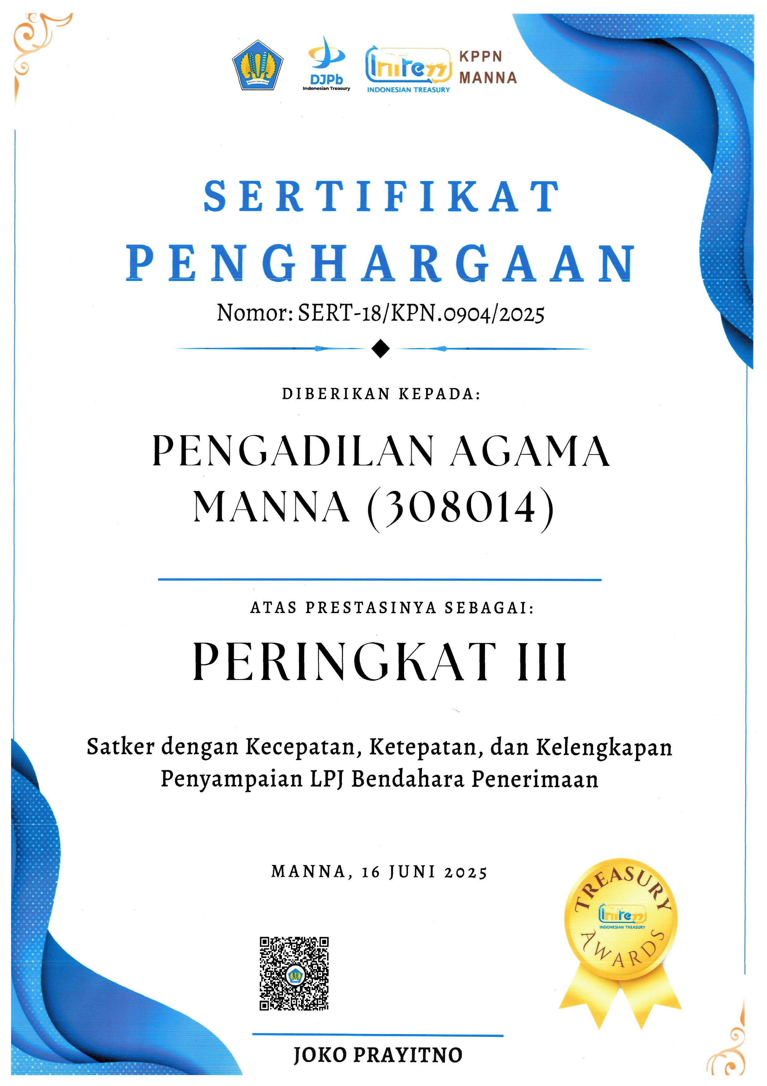 Sertifikat Penghargaan PA Manna 5